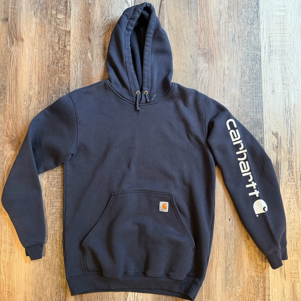 Carhartt Hoodie Men's M Blue K288 Loose Fit Midweight Logo Sleeve Sweatshirt